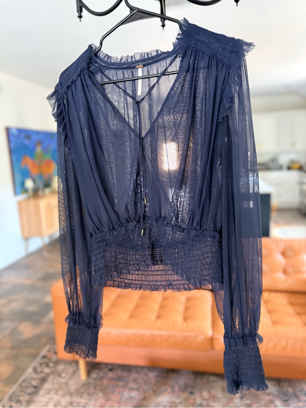 Free People Twyla Mesh Smocked Top Indigo Lost Navy Large - Picture 2 of 7